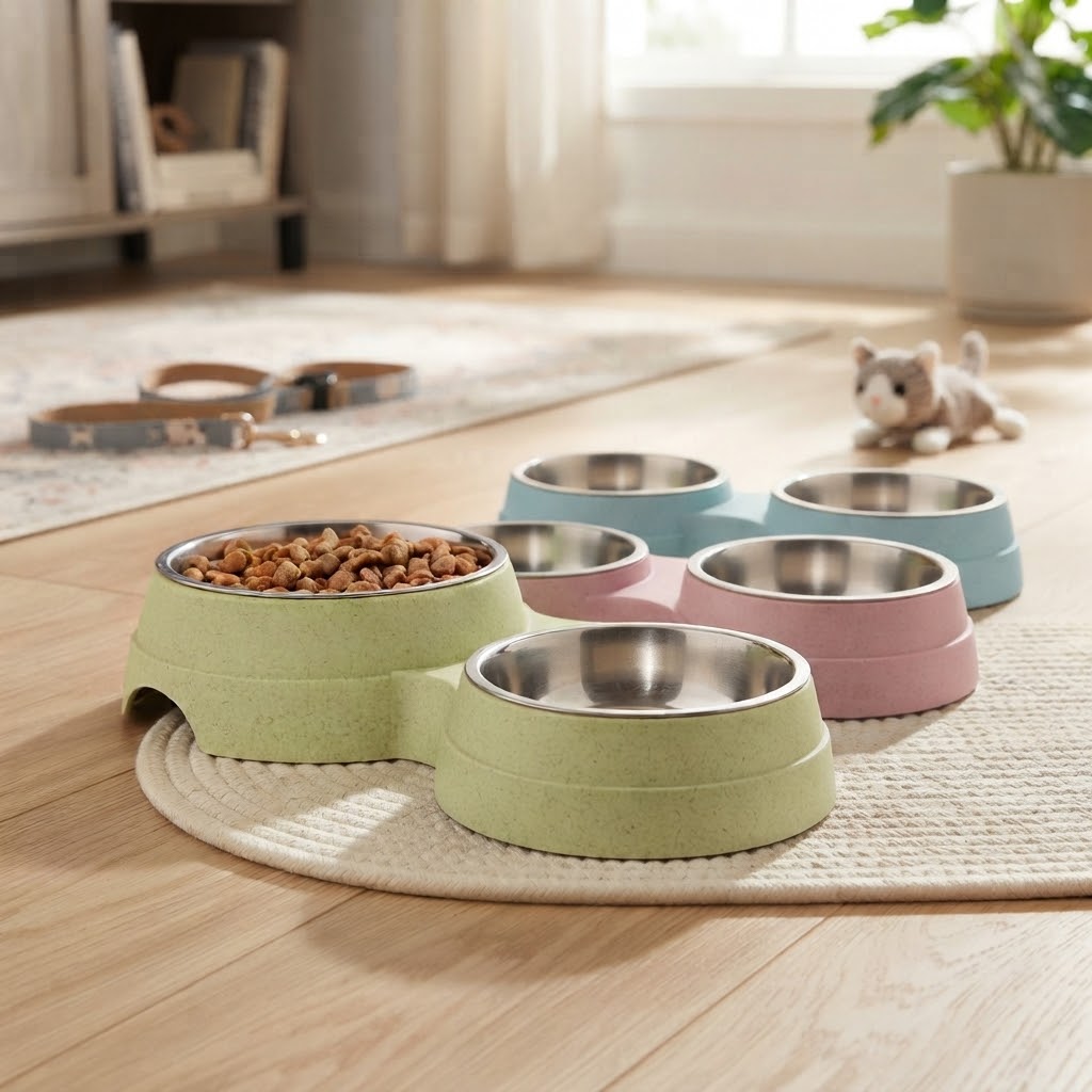 Pet bowls for dogs and cats in vibrant colors, stacked on a stylish wooden stand, enhancing mealtime comfort.