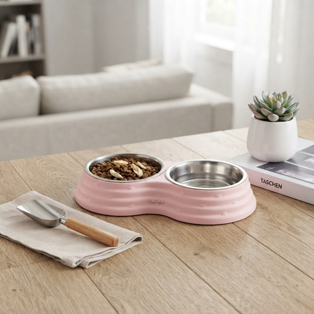 Double Pet Bowl with Stainless Steel Inserts – Cute Pink Non-Slip Food and Water Feeder for Cats and Small Dogs