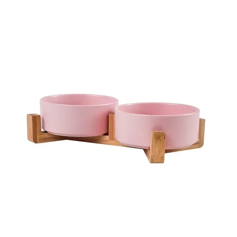 Elevated Ceramic Pet Bowls with Wooden Stand | Spill-Proof Dog & Cat Feeding Station