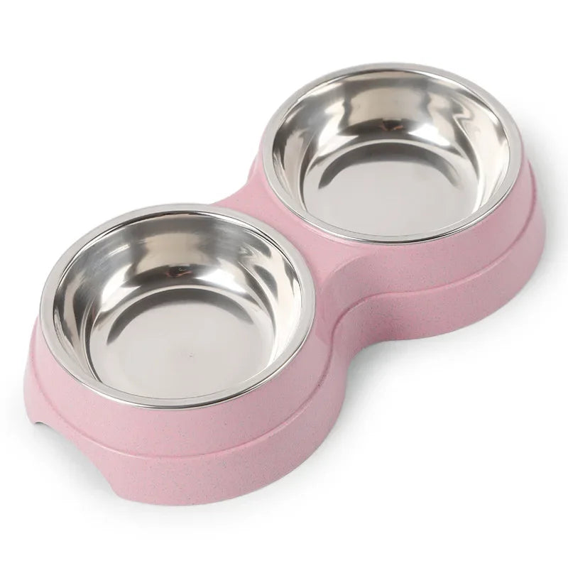 Ergonomic Double Pet Bowl Set with Stainless Steel Inserts (Green, Pink, Blue)