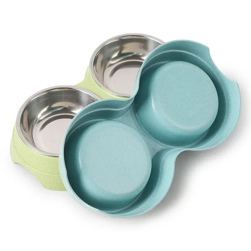 Ergonomic Double Pet Bowl Set with Stainless Steel Inserts (Green, Pink, Blue)