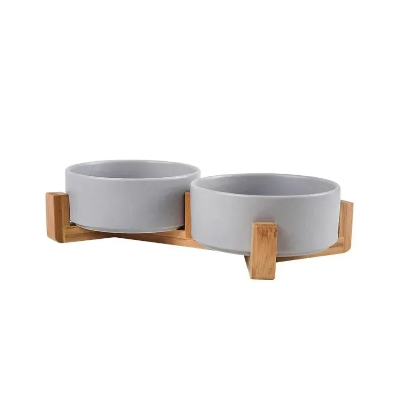 Elevated Ceramic Pet Bowls with Wooden Stand | Spill-Proof Dog & Cat Feeding Station