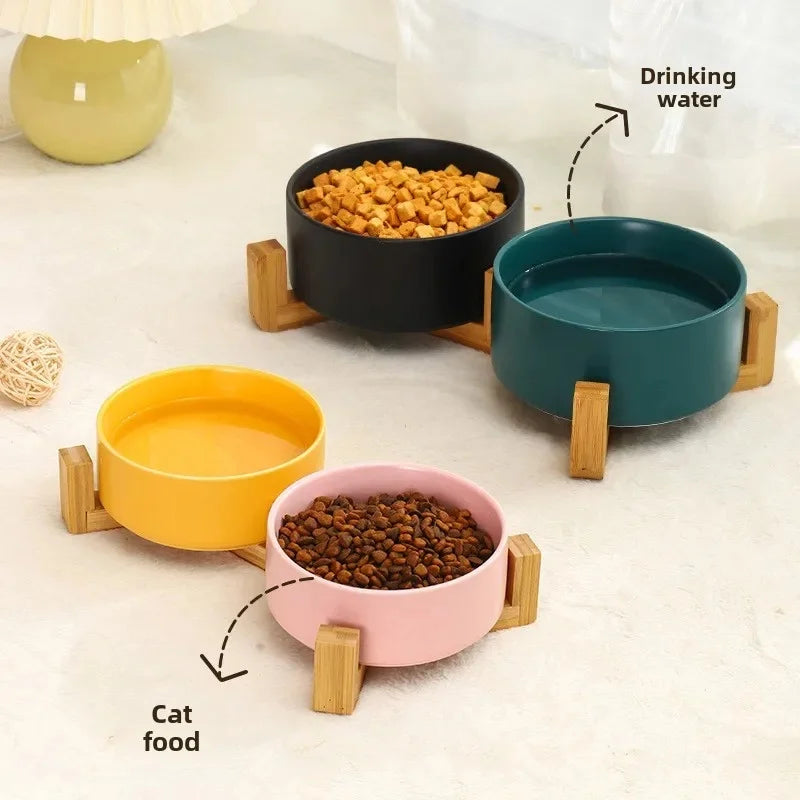 Elevated Ceramic Pet Bowls with Wooden Stand | Spill-Proof Dog & Cat Feeding Station