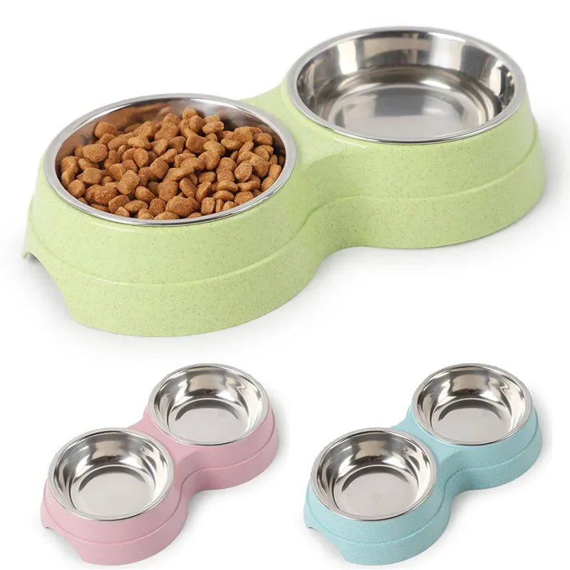Ergonomic Double Pet Bowl Set with Stainless Steel Inserts (Green, Pink, Blue)