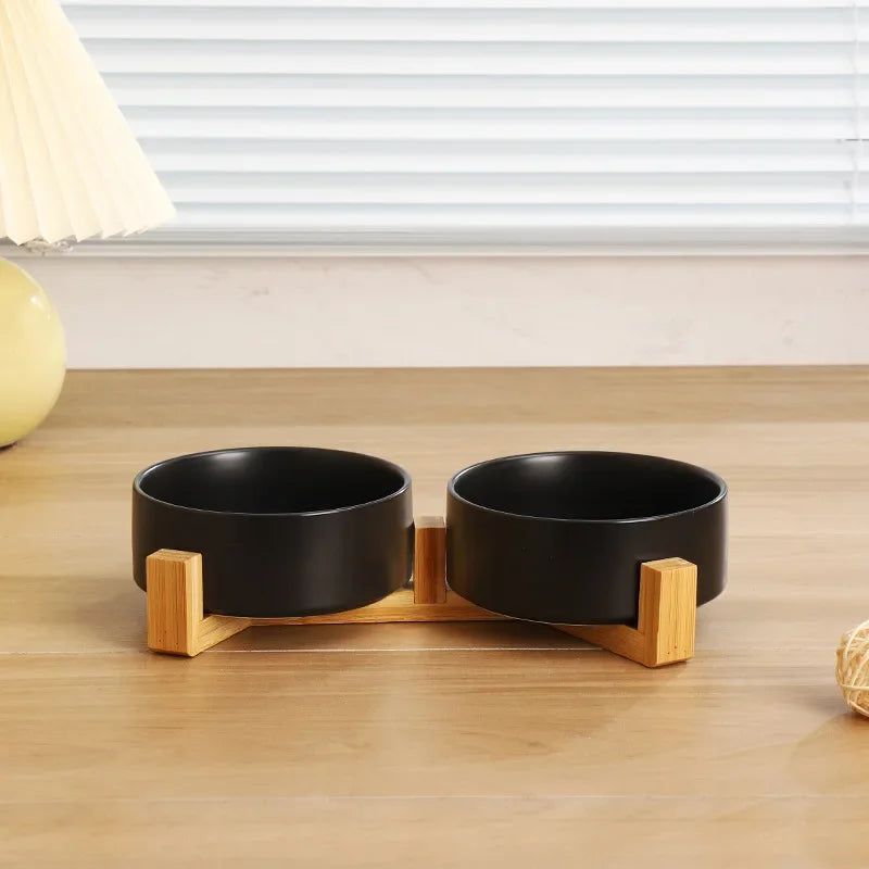 Elevated Ceramic Pet Bowls with Wooden Stand | Spill-Proof Dog & Cat Feeding Station