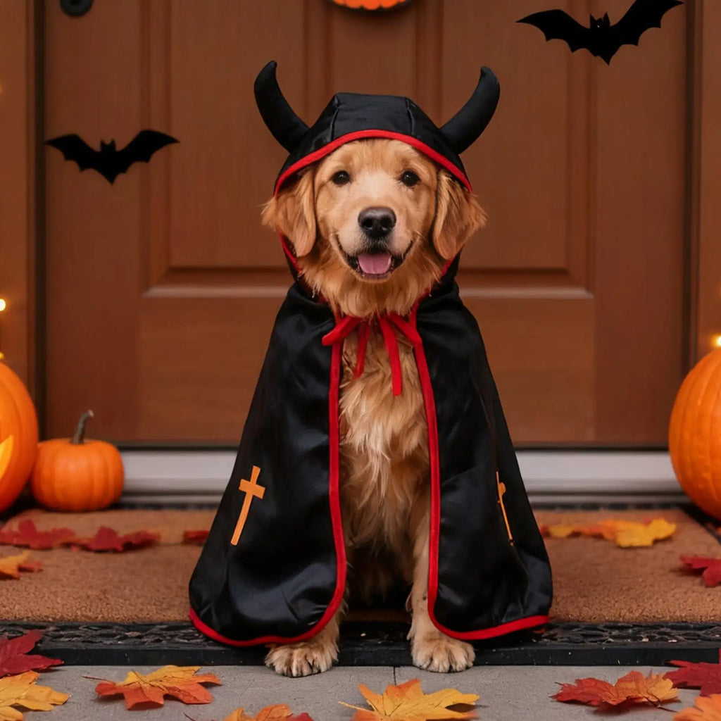 Spooky Devil Horns Dog Costume Cape – Halloween Pet Hooded Cloak
