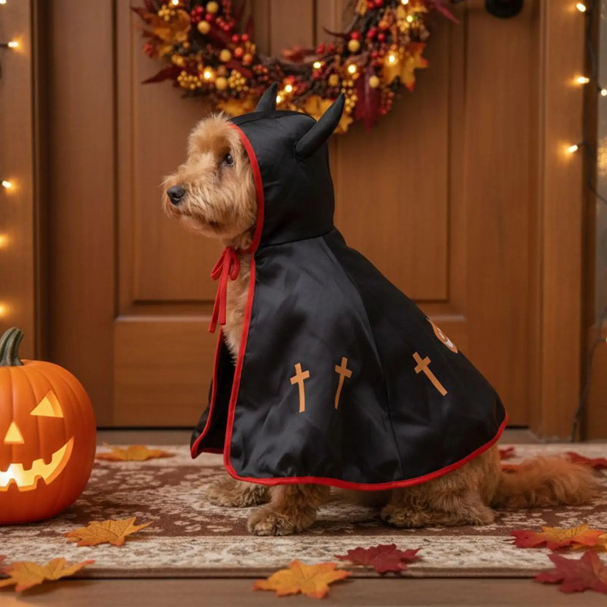 Spooky Devil Horns Dog Costume Cape – Halloween Pet Hooded Cloak