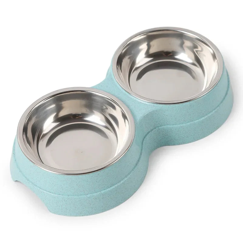 Ergonomic Double Pet Bowl Set with Stainless Steel Inserts (Green, Pink, Blue)