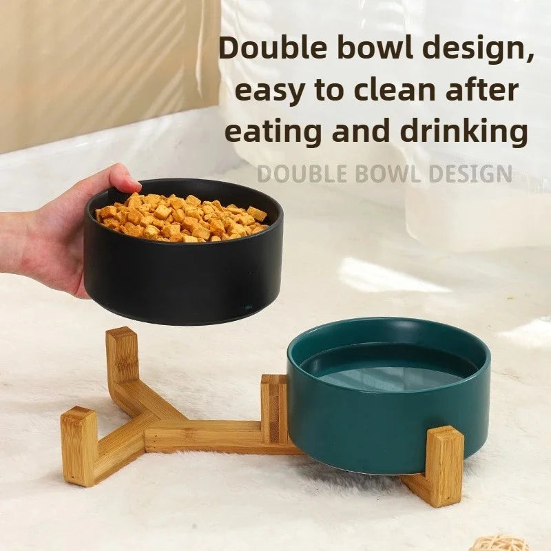 Elevated Ceramic Pet Bowls with Wooden Stand | Spill-Proof Dog & Cat Feeding Station