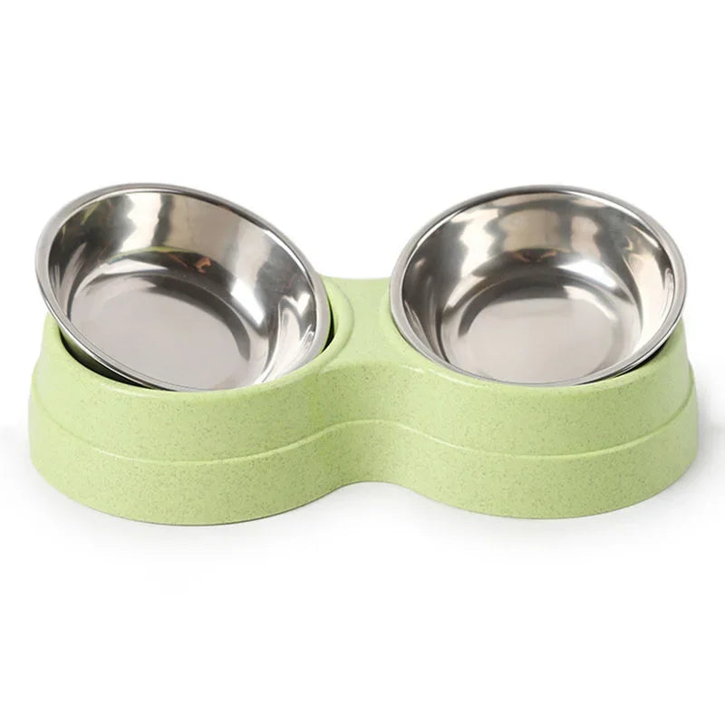 Ergonomic Double Pet Bowl Set with Stainless Steel Inserts (Green, Pink, Blue)