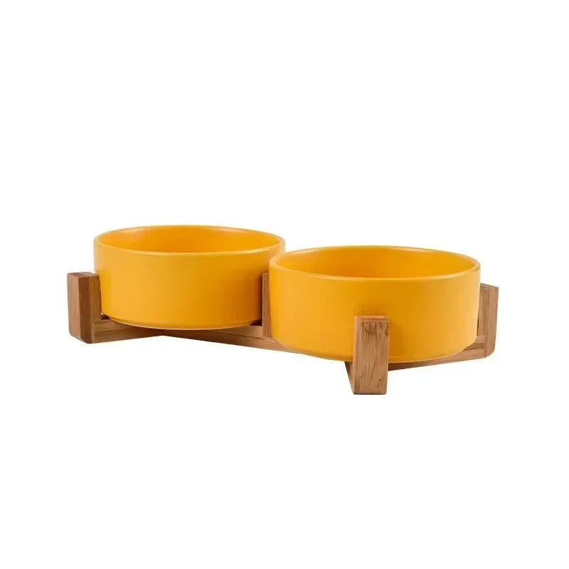 Elevated Ceramic Pet Bowls with Wooden Stand | Spill-Proof Dog & Cat Feeding Station