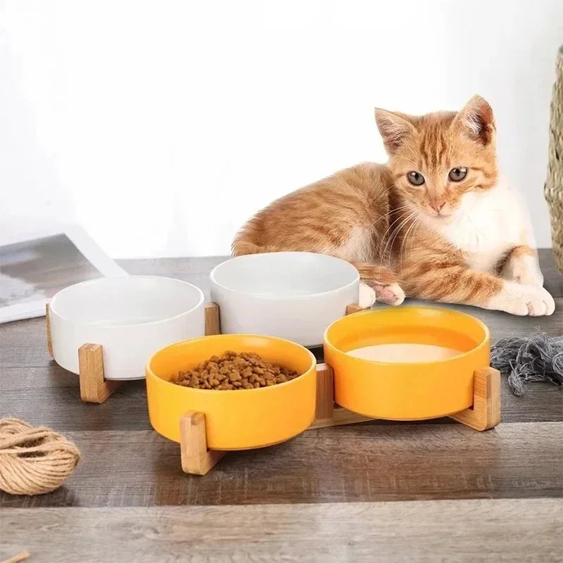 Elevated Ceramic Pet Bowls with Wooden Stand | Spill-Proof Dog & Cat Feeding Station