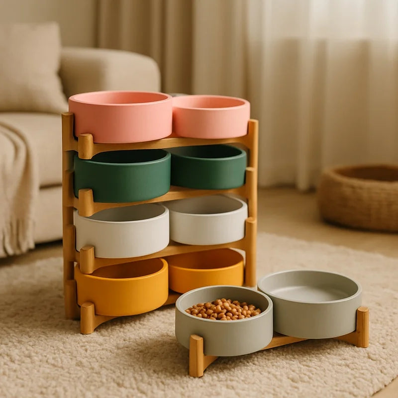 Elevated Ceramic Pet Bowls with Wooden Stand | Spill-Proof Dog & Cat Feeding Station
