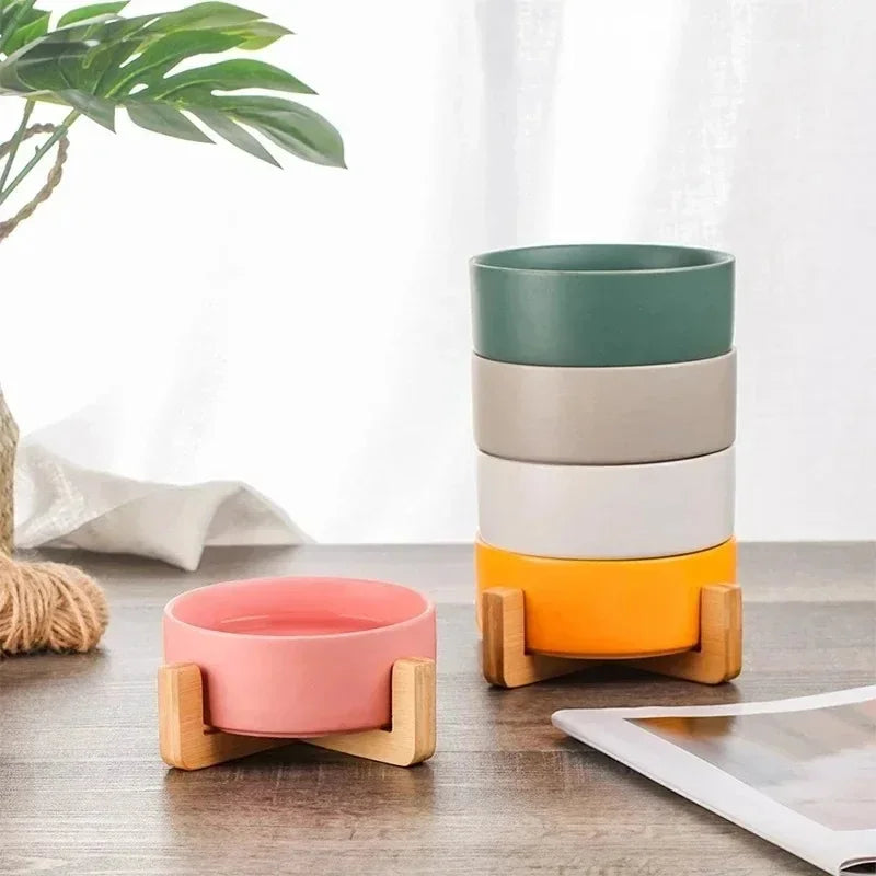 Elevated Ceramic Pet Bowls with Wooden Stand | Spill-Proof Dog & Cat Feeding Station